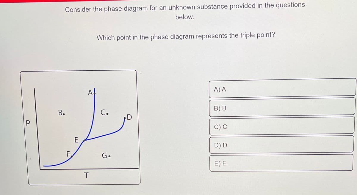 Consider the phase diagram for an unknown substance provided in the questions
below.
Which point in the phase diagram represents the triple point?
At
A) A
С.
В) В
В.
C) С
D) D
F.
G•
E) E
