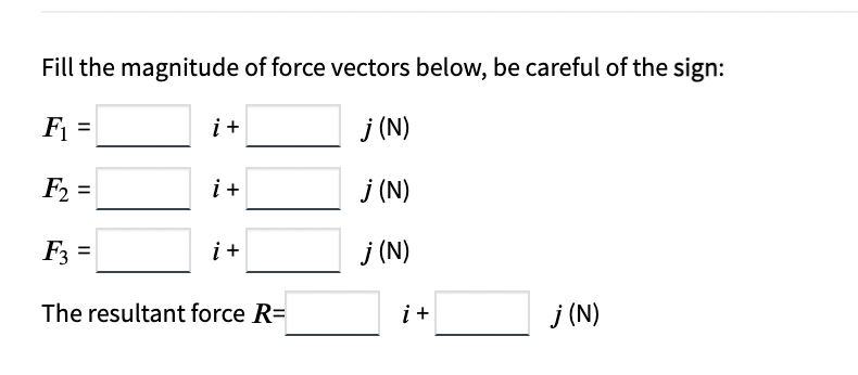 Fill the magnitude of force vectors below, be careful of the sign:
F =
i+
j (N)
F2 =
i +
j (N)
F3 =
i+
j (N)
The resultant force R=
i+
j (N)
