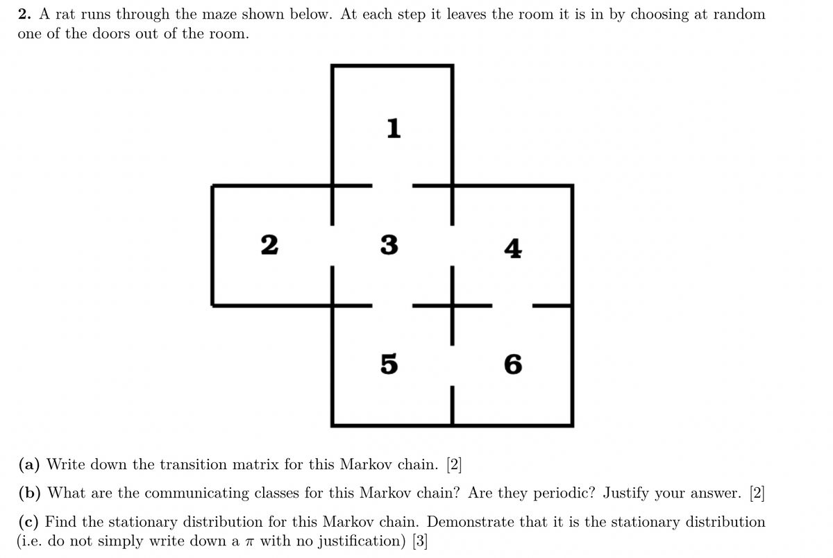 2. A rat runs through the maze shown below. At each step it leaves the room it is in by choosing at random
one of the doors out of the room.
2
1
3
4
+
5
6
(a) Write down the transition matrix for this Markov chain. [2]
(b) What are the communicating classes for this Markov chain? Are they periodic? Justify your answer. [2]
(c) Find the stationary distribution for this Markov chain. Demonstrate that it is the stationary distribution
(i.e. do not simply write down a 7 with no justification) [3]
