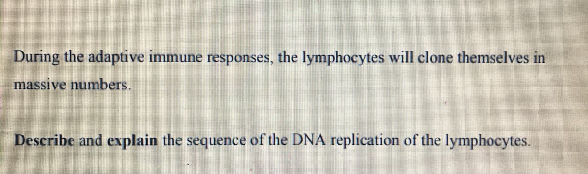 During the adaptive immune responses, the lymphocytes will clone themselves in
massive numbers.
Describe and explain the sequence of the DNA replication of the lymphocytes.
