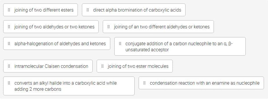 joining of two different esters
direct alpha bromination of carboxylic acids
joining of two aldehydes or two ketones
alpha-halogenation of aldehydes and ketones
intramolecular Claisen condensation
joining of an two different aldehydes or ketones
conjugate addition of a carbon nucleophile to an a, B-
unsaturated acceptor
joining of two ester molecules
converts an alkyl halide into a carboxylic acid while
adding 2 more carbons
condensation reaction with an enamine as nucleophile