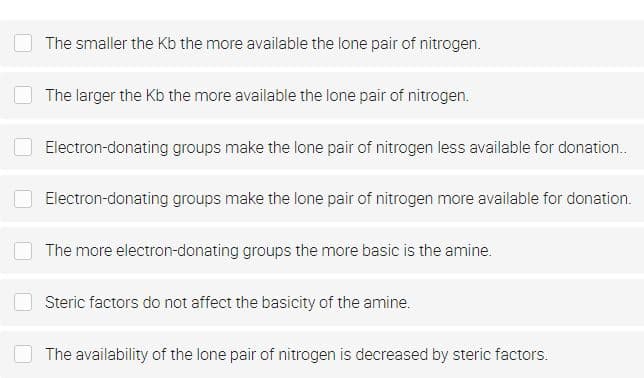 The smaller the Kb the more available the lone pair of nitrogen.
The larger the Kb the more available the lone pair of nitrogen.
Electron-donating groups make the lone pair of nitrogen less available for donation..
Electron-donating groups make the lone pair of nitrogen more available for donation.
The more electron-donating groups the more basic is the amine.
Steric factors do not affect the basicity of the amine.
The availability of the lone pair of nitrogen is decreased by steric factors.
