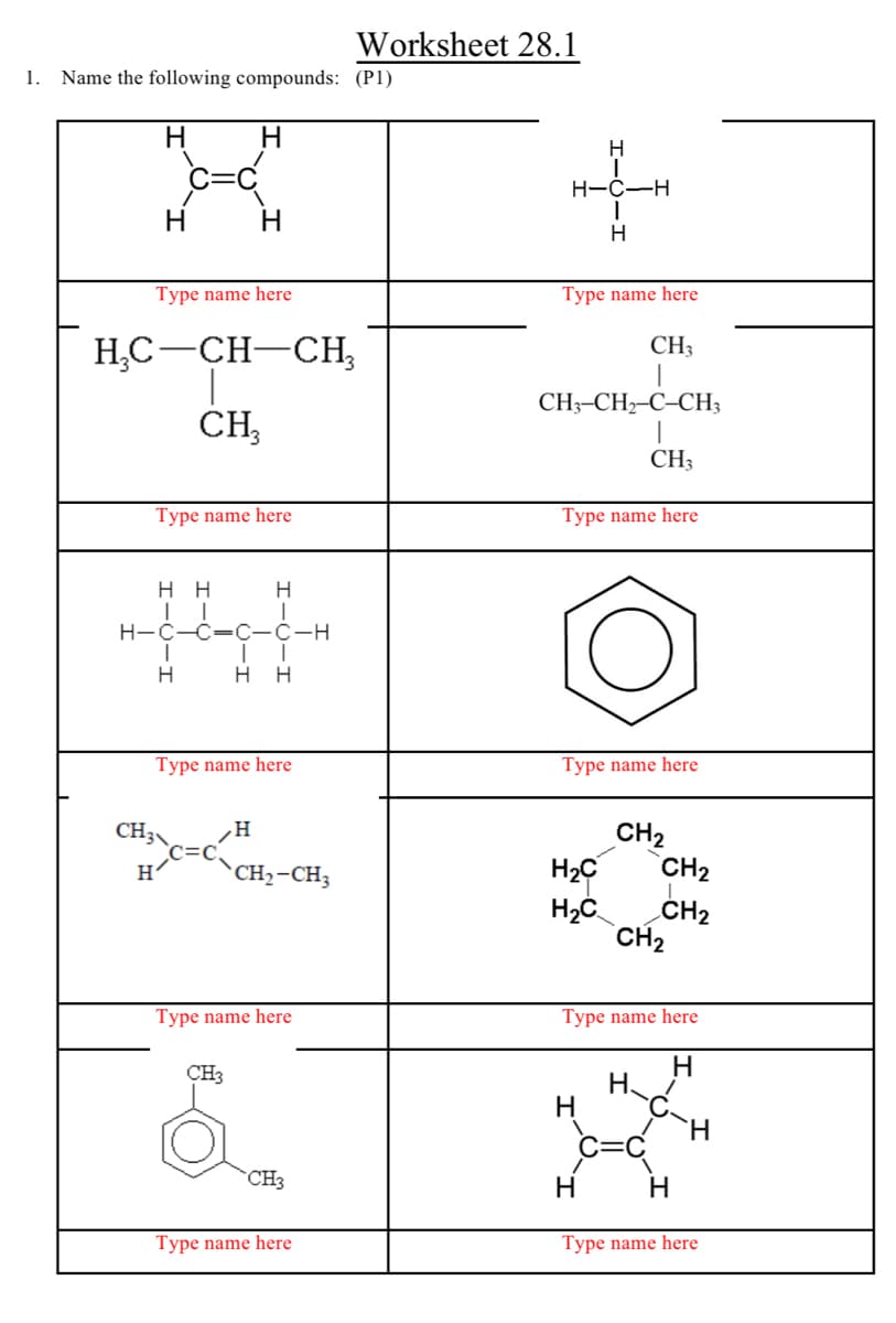 Worksheet 28.1
1. Name the following compounds: (P1)
H.
H
C=C
H-C-H
H
H
Type name here
Type name here
Н.С —СН—СН,
CH3
CH;-CH-C-CH3
CH,
CH3
Type name here
Type name here
нн
H
H-C-C=C-C-H
нн
Type name here
Type name here
CH3
CH2
H
CH2-CH3
H2C
CH2
H2
CH2
Type name here
Type name here
H
H.
H
CH3
C=c
H
H
CH3
Type name here
Type name here
