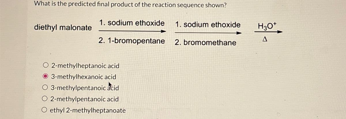 What is the predicted final product of the reaction sequence shown?
diethyl malonate
1. sodium ethoxide
1. sodium ethoxide
H3O+
A
2. 1-bromopentane 2. bromomethane
O 2-methylheptanoic acid
3-methylhexanoic acid
O 3-methylpentanoic acid
O 2-methylpentanoic acid
O ethyl 2-methylheptanoate