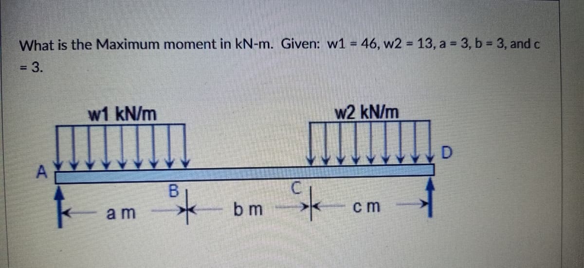What is the Maximum moment in kN-m. Given: w1 = 46, w2 = 13, a 3, b 3, and c
= 3.
w1 kN/m
w2 kN/m
D.
A
am
bm
cm
