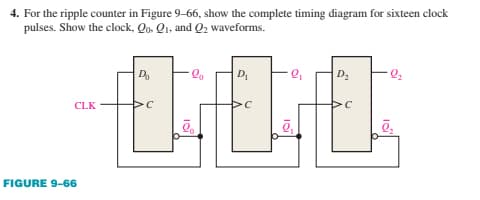4. For the ripple counter in Figure 9-66, show the complete timing diagram for sixteen clock
pulses. Show the clock, Qo, Q₁, and Q₂ waveforms.
CLK
FIGURE 9-66
D₂
·lo
D₁
•Q₁
Q₁
D₂
·0₂
ē,