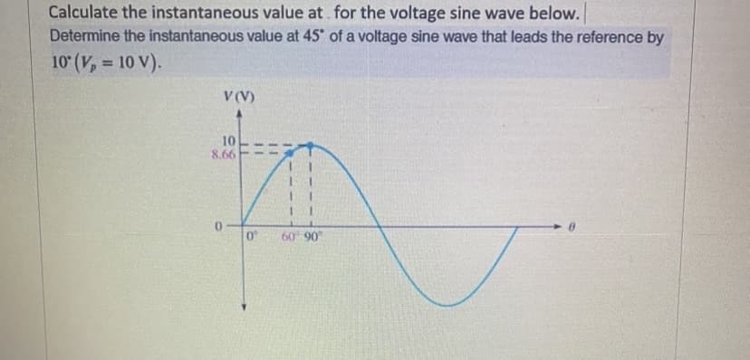 Calculate the instantaneous value at for the voltage sine wave below.
Determine the instantaneous value at 45° of a voltage sine wave that leads the reference by
10° (V₂ = 10 V).
V (V)
10
8.66
11
0°
11
60° 90°