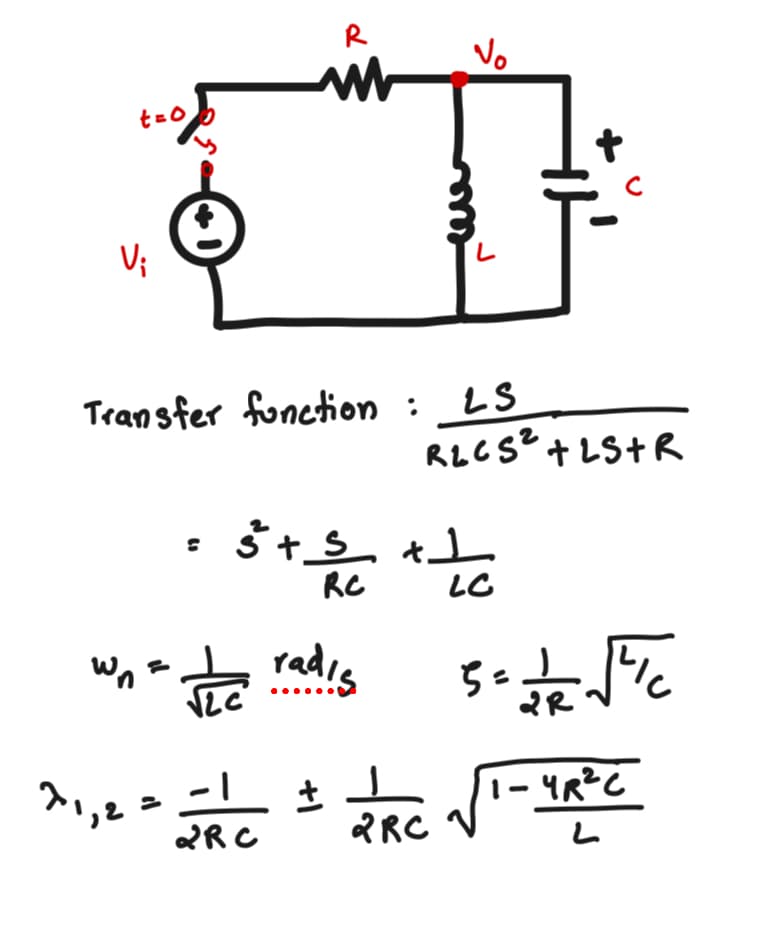 V;
t=0
R
Vo
Transfer function : LS
71,2
2RC
R2C52 +25+R
3 + 5 + 1
하는
RC
radis
±
LC
2R
1-4R²C
2RC V
L