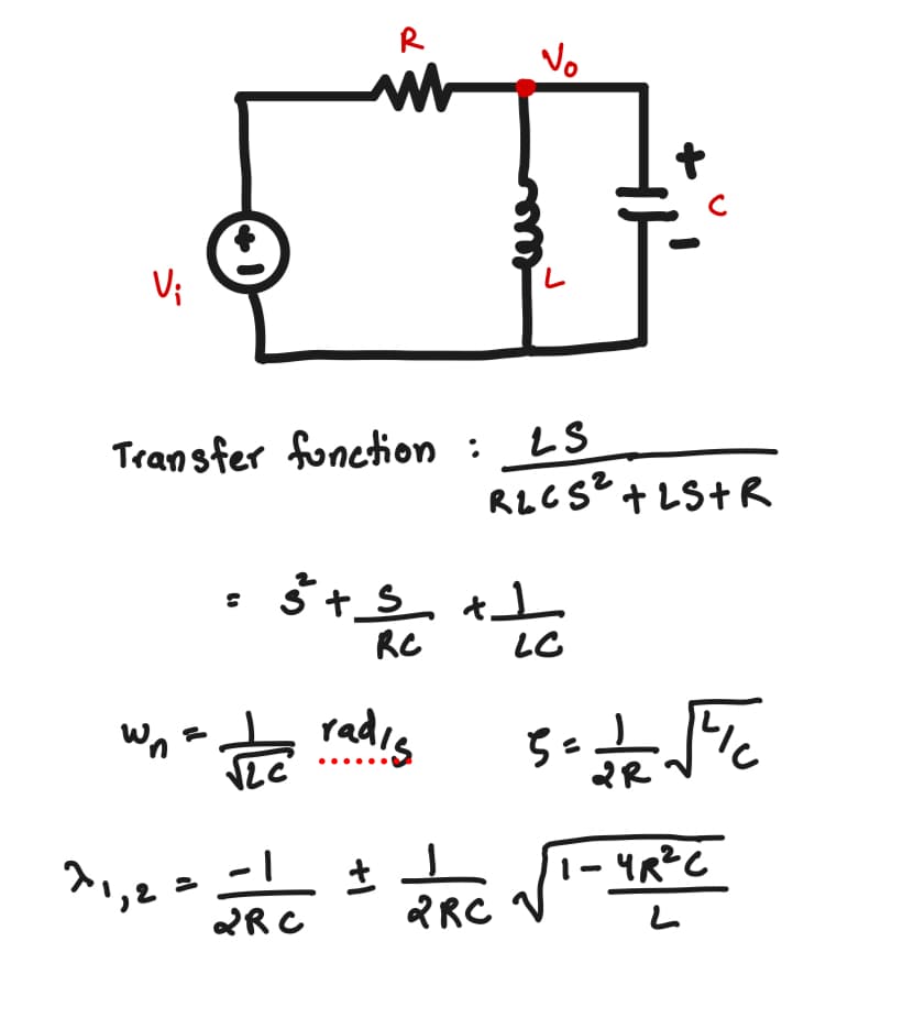 V₁
+1
R
V
Transfer function: LS
R2C52+25+R
3 + 5 + 1
+ S
RC
W₁ = radis 50+ √/c
wn
-1
71,2 = = = =
2RC
2R
+
1-4R²C
2RC
V
L