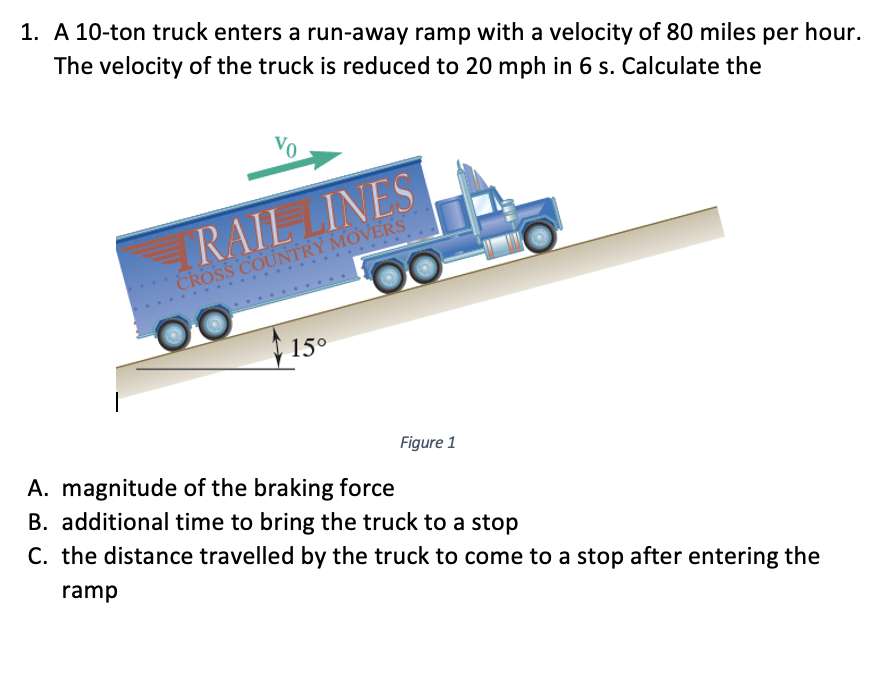 1. A 10-ton truck enters a run-away ramp with a velocity of 80 miles per hour.
The velocity of the truck is reduced to 20 mph in 6 s. Calculate the
RAIL LINES
CROSS COUNTRY MOVERS
00
15°
Figure 1
A. magnitude of the braking force
B. additional time to bring the truck to a stop
C. the distance travelled by the truck to come to a stop after entering the
ramp