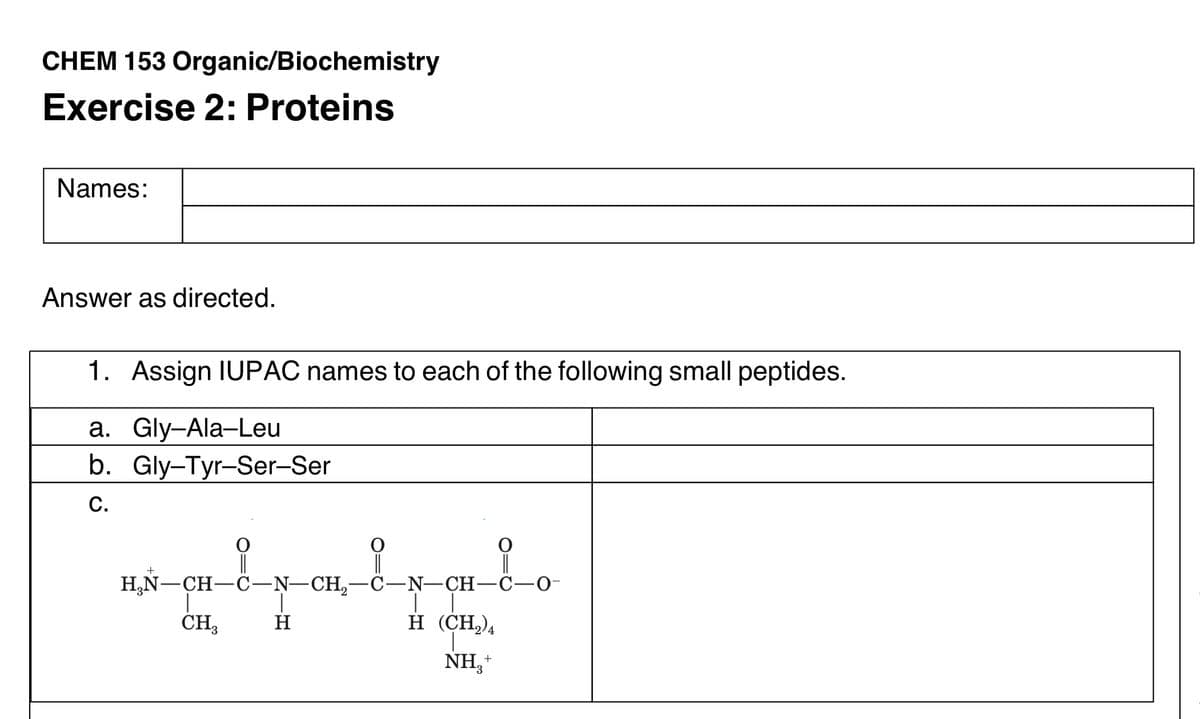 CHEM 153 Organic/Biochemistry
Exercise 2: Proteins
Names:
Answer as directed.
1. Assign IUPAC names to each of the following small peptides.
a. Gly-Ala-Leu
b. Gly-Tyr-Ser-Ser
C.
Ex cu &
H₂N-CH-C-N-CH₂-C-N-CH-C-0-
H (CH₂)4
NH₂+
+
CH₂
|||
H