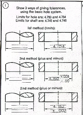 O
Show 3 ways of giving tolerances,
using the basic hole system.
Limits for hole are: 4.750 and 4.754
Limits for shaft are: 4.742 and 4.746
Ist method (limits):
घ
4.154
2nd method (plus and minus):
#
Th
+004
-4.750 00
2nd method (plus or minus):
घ
D
4.752
+002