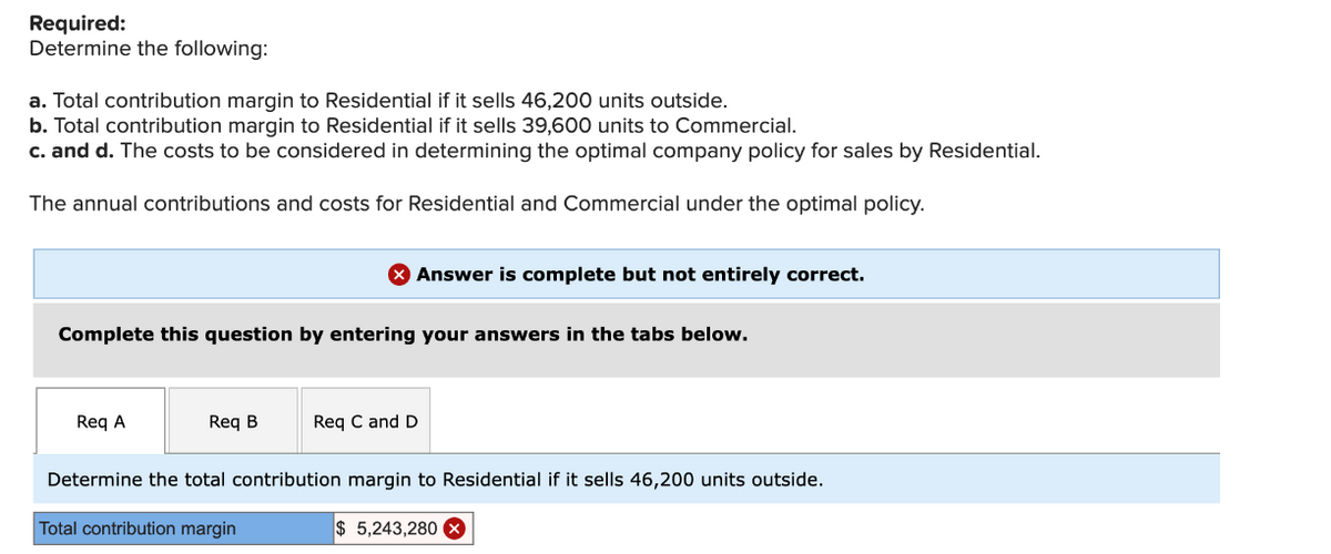 Required:
Determine the following:
a. Total contribution margin to Residential if it sells 46,200 units outside.
b. Total contribution margin to Residential if it sells 39,600 units to Commercial.
c. and d. The costs to be considered in determining the optimal company policy for sales by Residential.
The annual contributions and costs for Residential and Commercial under the optimal policy.
Complete this question by entering your answers in the tabs below.
Req A
X Answer is complete but not entirely correct.
Req B
Req C and D
Determine the total contribution margin to Residential if it sells 46,200 units outside.
Total contribution margin
$5,243,280 x