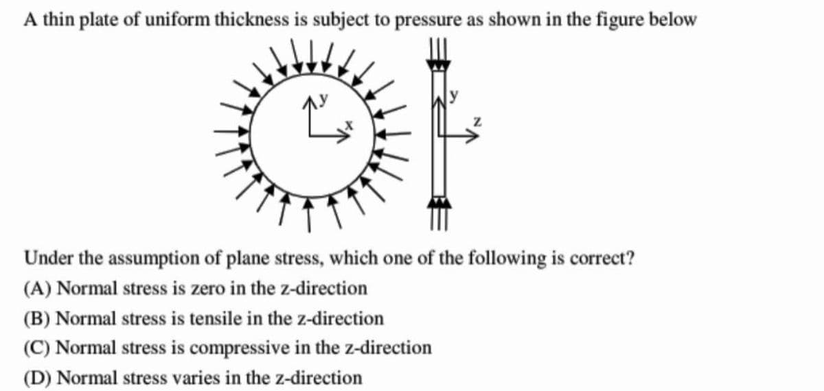 A thin plate of uniform thickness is subject to pressure as shown in the figure below
22
Ĵ
Under the assumption of plane stress, which one of the following is correct?
(A) Normal stress is zero in the z-direction
(B) Normal stress is tensile in the z-direction
(C) Normal stress is compressive in the z-direction
(D) Normal stress varies in the z-direction
