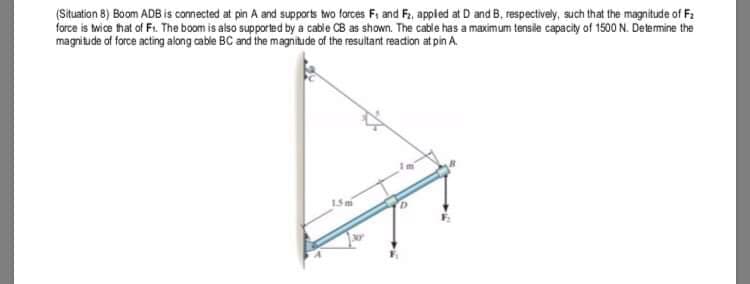 (Situation 8) Boom ADBis connected at pin A and supports two forces Fi and Fi, appled at D and B, respectively, such that the magnitude of F.
force is twice that of Fı. The boom is also supported by a cabie CB as shown. The cable has a maximum tensile capacity of 1500 N. Determine the
magnitude of force acting along cable BC and the magnitude of the resultant readtion at pin A.
15 m
