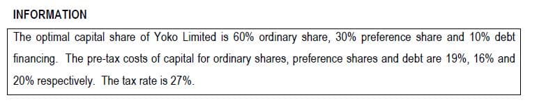 INFORMATION
The optimal capital share of Yoko Limited is 60% ordinary share, 30% preference share and 10% debt
financing. The pre-tax costs of capital for ordinary shares, preference shares and debt are 19%, 16% and
20% respectively. The tax rate is 27%.