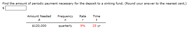 Find the amount of periodic payment necessary for the deposit to a sinking fund. (Round your answer to the nearest cent.)
Amount Needed
Frequency
Rate
Time
A
$120,000
quarterly
9%
25 yr
