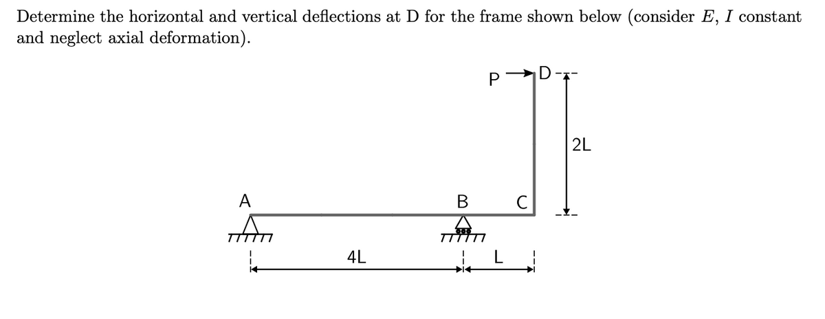 Determine the horizontal and vertical deflections at D for the frame shown below (consider E, I constant
and neglect axial deformation).
P
|2L
A
В
C
4L
