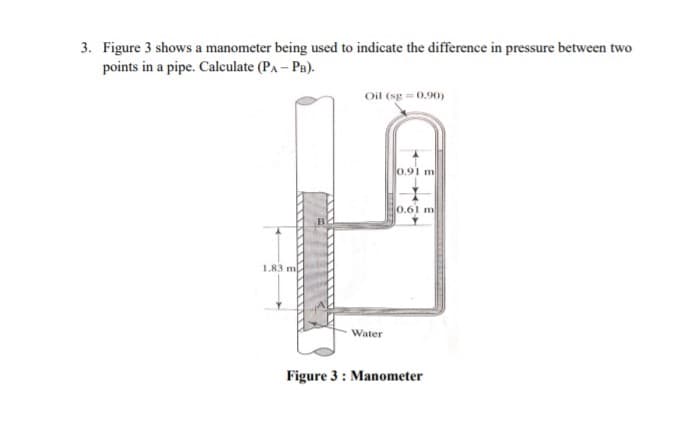 3. Figure 3 shows a manometer being used to indicate the difference in pressure between two
points in a pipe. Calculate (PA - PB).
Oil (sg = 0.90)
0.91 m
0.61 m
1.83 m
Water
Figure 3 : Manometer
