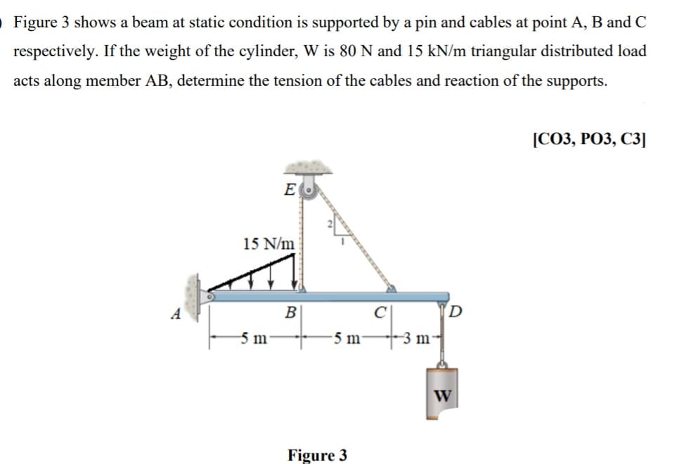 Figure 3 shows a beam at static condition is supported by a pin and cables at point A, B and C
respectively. If the weight of the cylinder, W is 80 N and 15 kN/m triangular distributed load
acts along member AB, determine the tension of the cables and reaction of the supports.
IСОЗ, РОЗ, СЗ]
E
15 N/m
B
D
5 m
5 m
-3 m-
W
Figure 3

