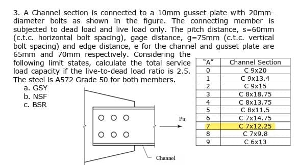 3. A Channel section is connected to a 10mm gusset plate with 20mm-
diameter bolts as shown in the figure. The connecting member is
subjected to dead load and live load only. The pitch distance, s=60mm
(c.t.c. horizontal bolt spacing), gage distance, g=75mm (c.t.c. vertical
bolt spacing) and edge distance, e for the channel and gusset plate are
65mm and 70mm respectively. Considering the
following limit states, calculate the total service "A"
load capacity if the live-to-dead load ratio is 2.5.
The steel is A572 Grade 50 for both members.
0
a. GSY
b. NSF
c. BSR
Channel
Pu
1
2
3
4
5
6
7
8
9
Channel Section
C 9x20
C 9x13.4
C 9x15
C 8x18.75
C 8x13.75
C 8x11.5
C 7x14.75
C 7x12.25
C 7x9.8
C 6x13