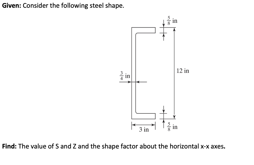 Given: Consider the following steel shape.
.51
3 in
12 in
in
Find: The value of S and Z and the shape factor about the horizontal x-x axes.