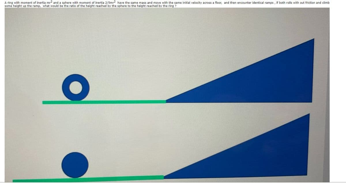 A ring with moment of inertia mr2 and a sphere with moment of inertia 2/5mr2 have the same mass and move with the same initial velocity across a floor, and then encounter identical ramps , if both rolls with out friction and climb
some height up the ramp, what would be the ratio of the height reached by the sphere to the height reached by the ring ?

