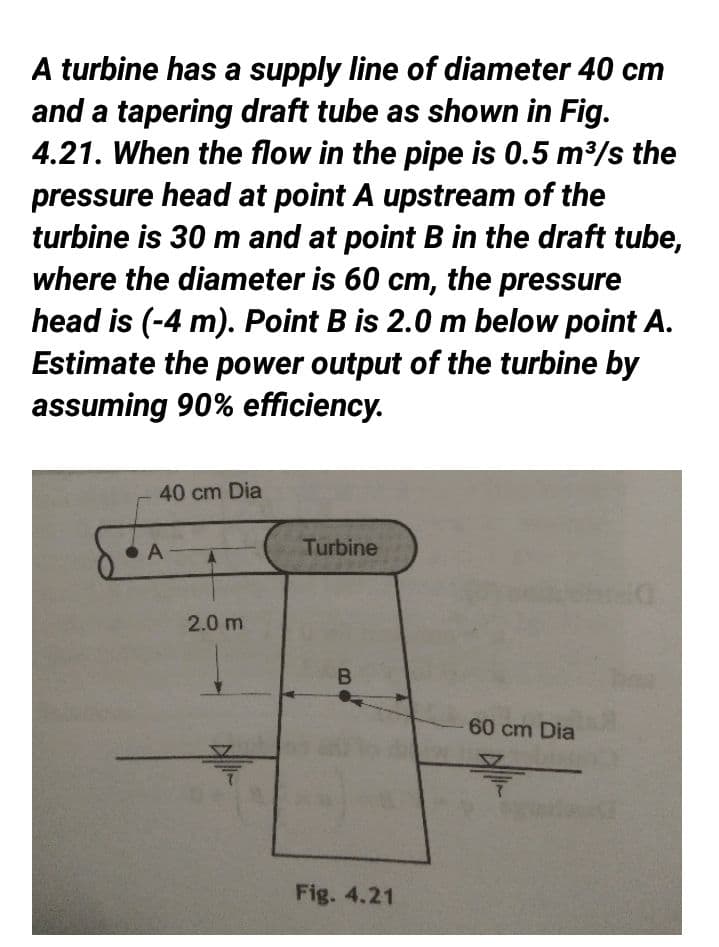 A turbine has a supply line of diameter 40 cm
and a tapering draft tube as shown in Fig.
4.21. When the flow in the pipe is 0.5 m/s the
pressure head at point A upstream of the
turbine is 30 m and at point B in the draft tube,
where the diameter is 60 cm, the pressure
head is (-4 m). Point B is 2.0 m below point A.
Estimate the power output of the turbine by
assuming 90% efficiency.
40 cm Dia
A-
Turbine
2.0 m
60 cm Dia
Fig. 4.21
