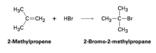 CH3
H3C
c=CH2
H3C
+
HBr
CH3-C-Br
CH3
2-Methylpropene
2-Bromo-2-methylpropane
