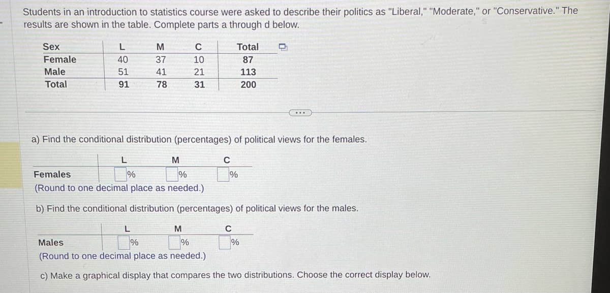 Students in an introduction to statistics course were asked to describe their politics as "Liberal," "Moderate," or "Conservative." The
results are shown in the table. Complete parts a through d below.
Sex
Female
Male
Total
L
40
51
91
L
%
M
37
41
78
a) Find the conditional distribution (percentages) of political views for the females.
L
C
10
21
31
M
%
Total
87
113
200
Females
%
(Round to one decimal place as needed.)
b) Find the conditional distribution (percentages) of political views for the males.
C
%
D
C
%
M
%
Males
(Round to one decimal place as needed.)
c) Make a graphical display that compares the two distributions. Choose the correct display below.