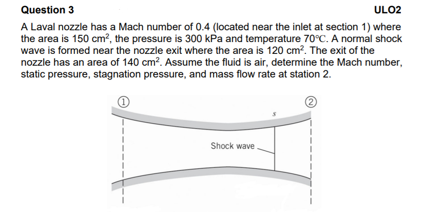 Question 3
ULO2
A Laval nozzle has a Mach number of 0.4 (located near the inlet at section 1) where
the area is 150 cm², the pressure is 300 kPa and temperature 70°C. A normal shock
wave is formed near the nozzle exit where the area is 120 cm?. The exit of the
nozzle has an area of 140 cm?. Assume the fluid is air, determine the Mach number,
static pressure, stagnation pressure, and mass flow rate at station 2.
Shock wave
