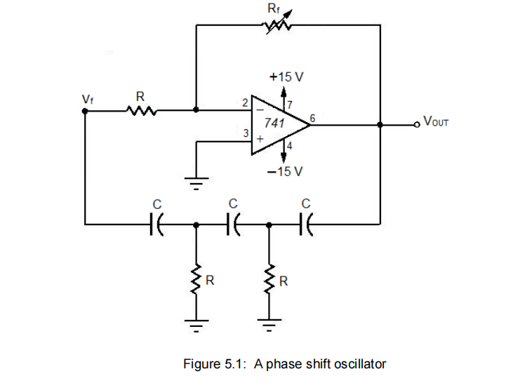 Vf
R
m
C
HE
R
C
2
3
Rf
+15 V
741
-15 V
R
6
с
Figure 5.1: A phase shift oscillator
VOUT