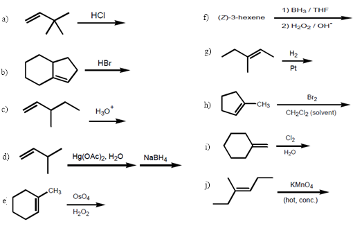 1) BH3/ THF
НCI
f) (Z>-3-hexene
2) H202/ OH"
g)
На
HBr
Pt
b)
Br2
h)
CH3
c)
H3o*
CH2Cl2 (solvent)
Cl2
Н.о
d)
Hg(OAc)2, H20
NaBH4
KMNO4
CHЗ
Os04
(hot, conc.)
Н-02
