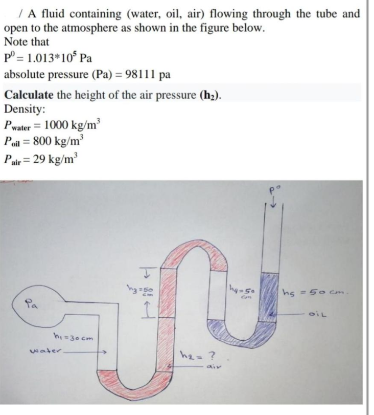 / A fluid containing (water, oil, air) flowing through the tube and
open to the atmosphere as shown in the figure below.
Note that
p° = 1.013*10 Pa
absolute pressure (Pa) = 98111 pa
Calculate the height of the air pressure (h2).
Density:
Pwater = 1000 kg/m³
Poil = 800 kg/m³
Pair = 29 kg/m³
%3D
%3D
ha=50
hs =50 cm.
Com
Pa
oIL
hi =30 cm
%3!
water
he=?
air
