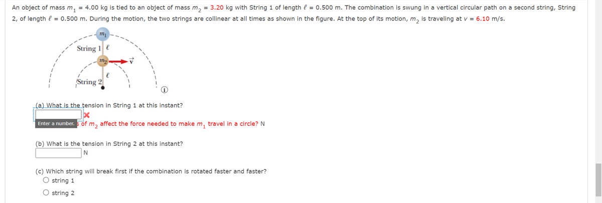 An object of mass m₁ = 4.00 kg is tied to an object of mass m₂ = 3.20 kg with String 1 of length = 0.500 m. The combination is swung in a vertical circular path on a second string, String
2, of length = 0.500 m. During the motion, the two strings are collinear at all times as shown in the figure. At the top of its motion, m₂ is traveling at v = 6.10 m/s.
m₁
String 1
String
m₂
(a) What is the tension in String 1 at this instant?
X
Enter a number. 5 of m₂ affect the force needed to make m₁ travel in a circle? N
(b) What is the tension in String 2 at this instant?
N
(c) Which string will break first if the combination is rotated faster and faster?
string 1
O string 2