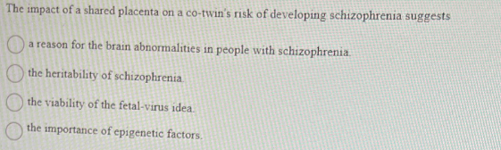 The impact of a shared placenta on a co-twin's risk of developing schizophrenia suggests
a reason for the brain abnormalities in people with schizophrenia.
the heritability of schizophrenia
the viability of the fetal-virus idea.
the importance of epigenetic factors.