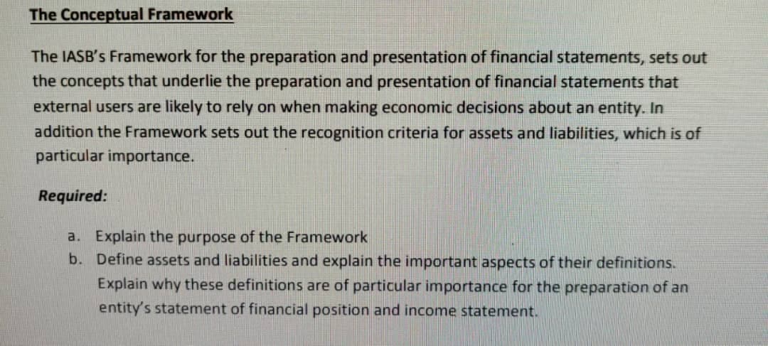 The Conceptual Framework
The IASB's Framework for the preparation and presentation of financial statements, sets out
the concepts that underlie the preparation and presentation of financial statements that
external users are likely to rely on when making economic decisions about an entity. In
addition the Framework sets out the recognition criteria for assets and liabilities, which is of
particular importance.
Required:
a. Explain the purpose of the Framework
b. Define assets and liabilities and explain the important aspects of their definitions.
Explain why these definitions are of particular importance for the preparation of an
entity's statement of financial position and income statement.