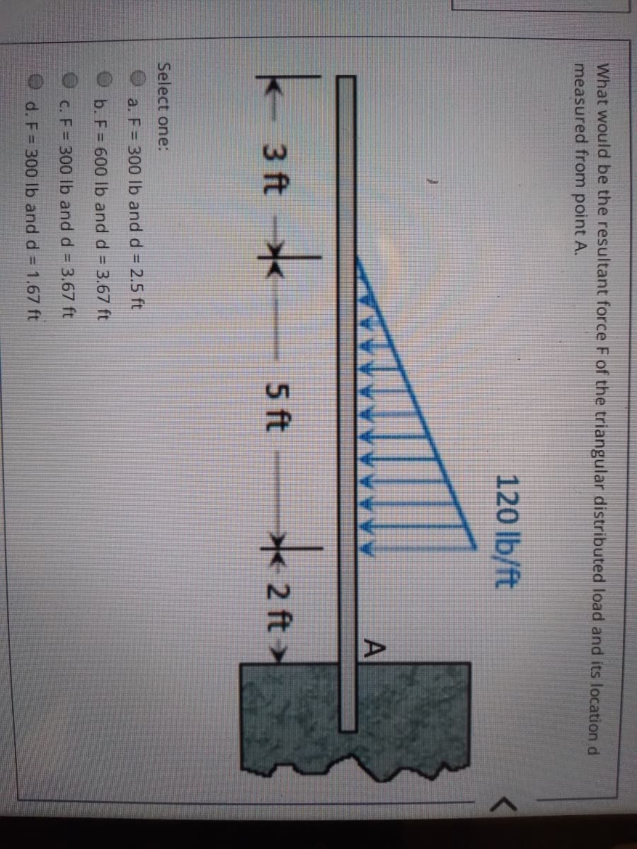 What would be the resultant force F of the triangular distributed load and its location d
measured from point A.
120 lb/ft
A
to
2 ft >
3 ft
5 ft
Select one:
a. F= 300 lb and d = 2.5 ft
b. F= 600 lb and d = 3.67 ft
C. F= 300 lb and d = 3.67 ft
d. F= 300 lb and d = 1.67 ft
