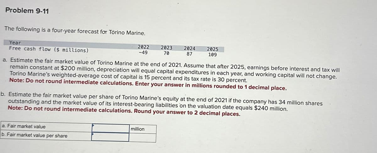 Problem 9-11
The following is a four-year forecast for Torino Marine.
Year
Free cash flow ($ millions)
2022
-49
2023
70
2024
2025
87
109
a. Estimate the fair market value of Torino Marine at the end of 2021. Assume that after 2025, earnings before interest and tax will
remain constant at $200 million, depreciation will equal capital expenditures in each year, and working capital will not change.
Torino Marine's weighted-average cost of capital is 15 percent and its tax rate is 30 percent.
Note: Do not round intermediate calculations. Enter your answer in millions rounded to 1 decimal place.
b. Estimate the fair market value per share of Torino Marine's equity at the end of 2021 if the company has 34 million shares
outstanding and the market value of its interest-bearing liabilities on the valuation date equals $240 million.
Note: Do not round intermediate calculations. Round your answer to 2 decimal places.
a. Fair market value
b. Fair market value per share
million