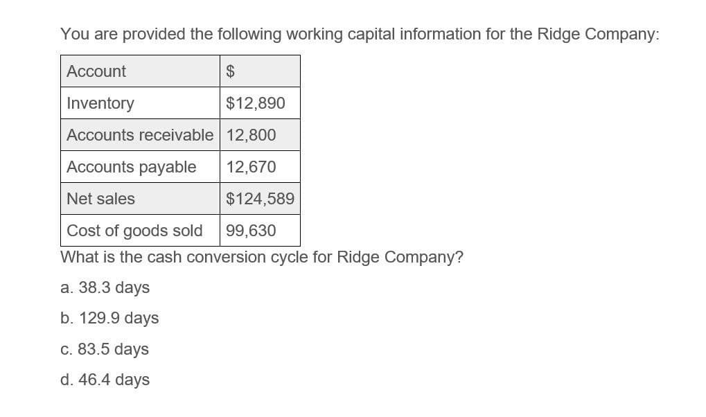 You are provided the following working capital information for the Ridge Company:
Account
Inventory
$
$12,890
Accounts receivable 12,800
Accounts payable
12,670
Net sales
$124,589
99,630
Cost of goods sold
What is the cash conversion cycle for Ridge Company?
a. 38.3 days
b. 129.9 days
c. 83.5 days
d. 46.4 days