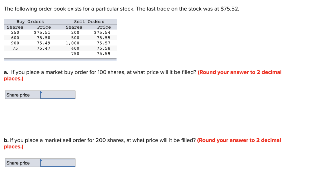 The following order book exists for a particular stock. The last trade on the stock was at $75.52.
Buy Orders
Shares
250
600
900
75
Share price
Price
$75.51
75.50
75.49
75.47
Sell Orders
Share price
Shares
200
500
1,000
400
750
a. If you place a market buy order for 100 shares, at what price will it be filled? (Round your answer to 2 decimal
places.)
Price
$75.54
75.55
75.57
75.58
75.59
b. If you place a market sell order for 200 shares, at what price will it be filled? (Round your answer to 2 decimal
places.)