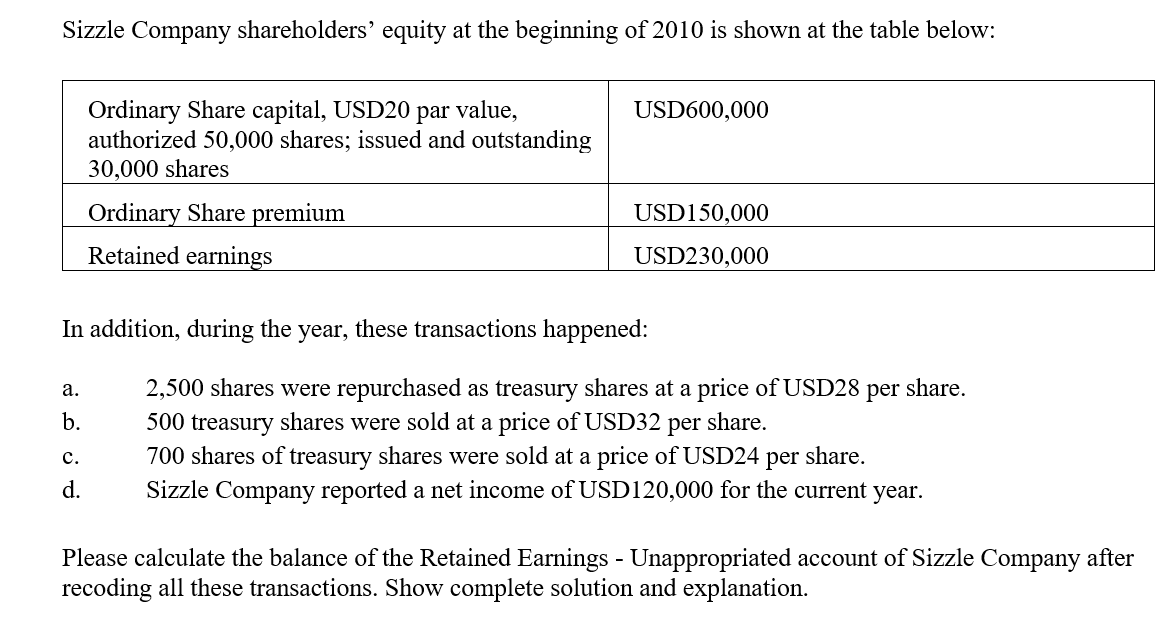 Sizzle Company shareholders' equity at the beginning of 2010 is shown at the table below:
Ordinary Share capital, USD20
authorized 50,000 shares; issued and outstanding
30,000 shares
par
value,
USD600,000
Ordinary Share premium
USD150,000
Retained earnings
USD230,000
In addition, during the year, these transactions happened:
а.
2,500 shares were repurchased as treasury shares at a price of USD28 per share.
500 treasury shares were sold at a price of USD32
700 shares of treasury shares were sold at a price of USD24 per share.
b.
per
share.
с.
d.
Sizzle Company reported a net income of USD120,000 for the current year.
Please calculate the balance of the Retained Earnings - Unappropriated account of Sizzle Company after
recoding all these transactions. Show complete solution and explanation.
