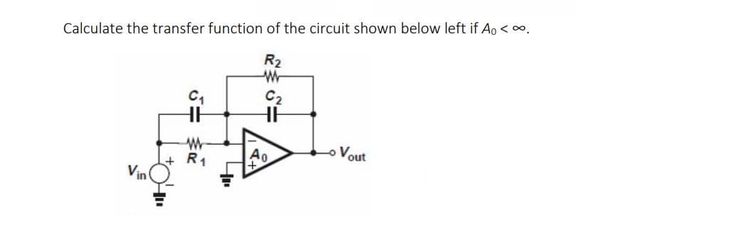 Calculate the transfer function of the circuit shown below left if Ao < o.
R2
Vout
Ao.
R1
Vin
