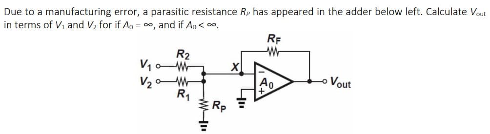 Due to a manufacturing error, a parasitic resistance Rp has appeared in the adder below left. Calculate Vout
in terms of V1 and V2 for if Ao = ∞, and if Ao <∞.
RF
R2
Vout
V2oW
R1
Rp
