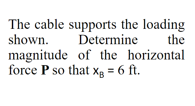 The cable supports the loading
shown. Determine
the
magnitude of the horizontal
force P so that X₂ = 6 ft.
XB
