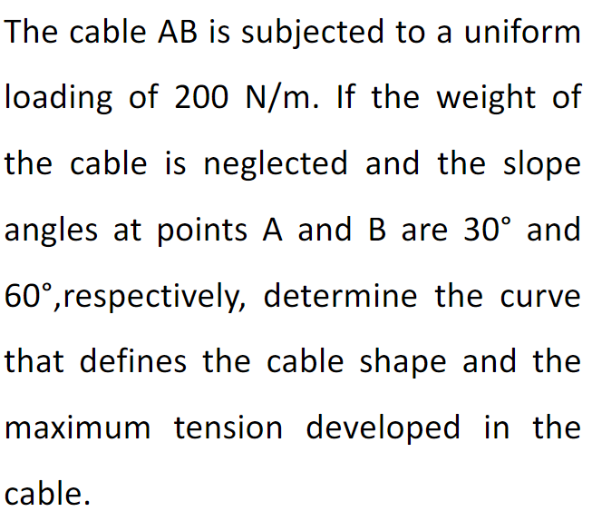 The cable AB is subjected to a uniform
loading of 200 N/m. If the weight of
the cable is neglected and the slope
angles at points A and B are 30° and
60°,respectively, determine the curve
that defines the cable shape and the
maximum tension developed in the
cable.
