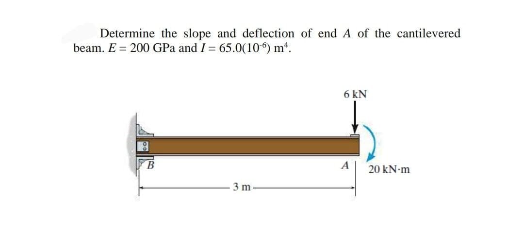 Determine the slope and deflection of end A of the cantilevered
beam. E = 200 GPa and I = 65.0(106) mª.
6 kN
8
3 m
B
A
20 kN-m