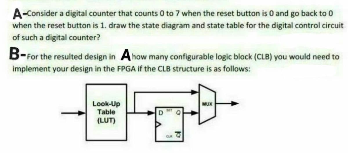 A-Consider a digital counter that counts 0 to 7 when the reset button is 0 and go back to 0
when the reset button is 1. draw the state diagram and state table for the digital control circuit
of such a digital counter?
B-For the resulted design in A how many configurable logic block (CLB) you would need to
implement your design in the FPGA if the CLB structure is as follows:
Look-Up
Table
MUX
SET
(LUT)
CLR
