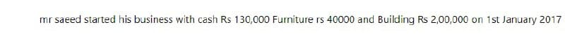 mr saeed started his business with cash Rs 130,000 Furniture rs 40000 and Building Rs 2,00,000 on 1st January 2017