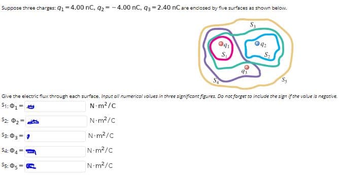 Suppose three charges: 91 = 4.00 nC, q2 = - 4.00 nC, q3 = 2.40 nC are enciosed by five surfaces as shown below.
S
Give the electric flux through each surface. Input all numerical volues in three significont figures. Do not forget to include the sign if the value is negative.
S1:01= e
N m?/c
52: Ф2*
N-m?/C
S3: 03 = 1
N-m?/c
S4: 04=
N-m2/c
5: 05
N m?/C
